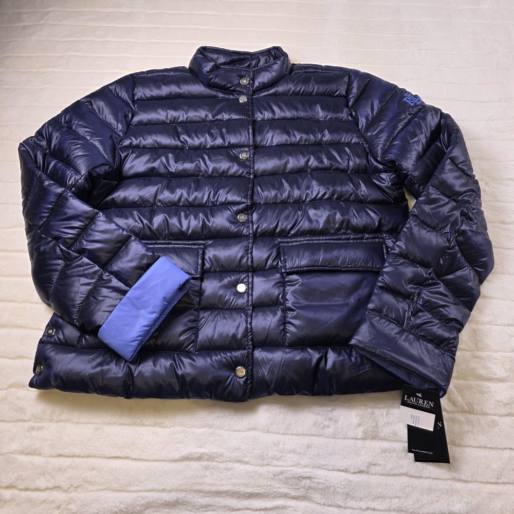 Lauren Ralph Lauren Metallic Quilted Puffer Coat‎ Womens Large Blue Packable